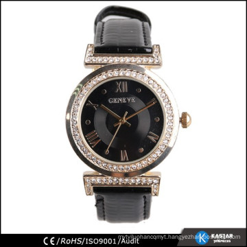 black leather strap lady watch with diamonds